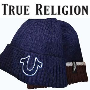True Religion Logo Horseshoe & Multicolor Lined Knit Beanie Hat Set
